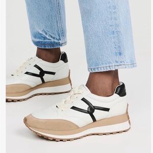 Veronica Beard White Sneakers with Black Stripes and Tan Suede Accents